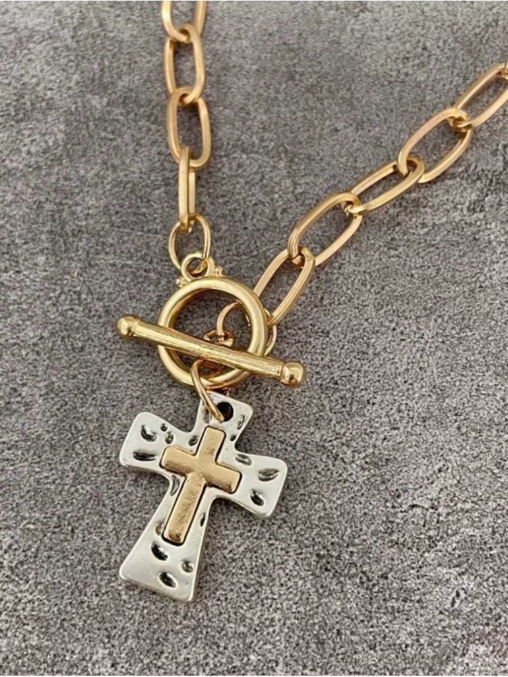 Gold and Silver Cross Pendant Toggle Necklace - Women Jewelry